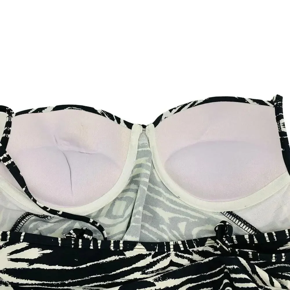 Love Your Assets Womens Push Up Tankini Black White Woodgrain Zebra Medium